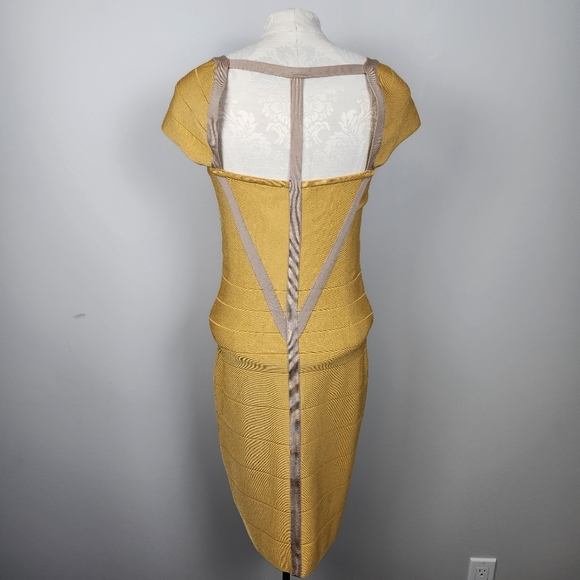 Y2K 2000s Vintage Gold Bandage Dress cap sleeves Bodycon Size L Bebe - Picture 4 of 11